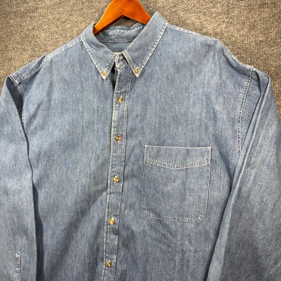 VTG Eddie Bauer Denim Button Up Shirt Men's XXL Blue Chest Pocket Workwear - Picture 2 of 9